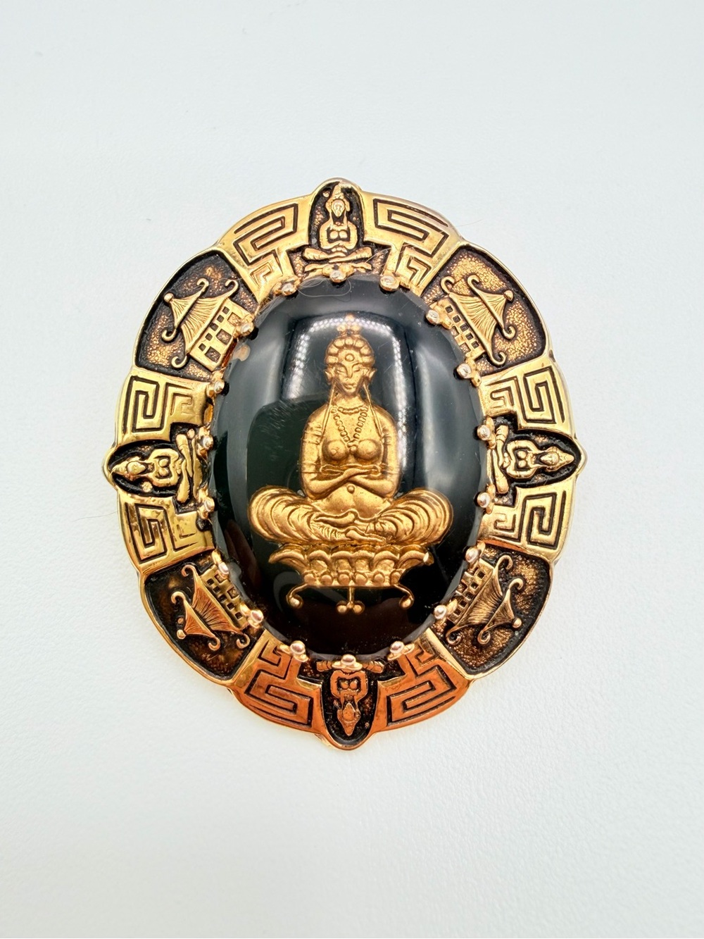Vintage Black Cabochon Goddess Statement Brooch Gold Tone Greek Key